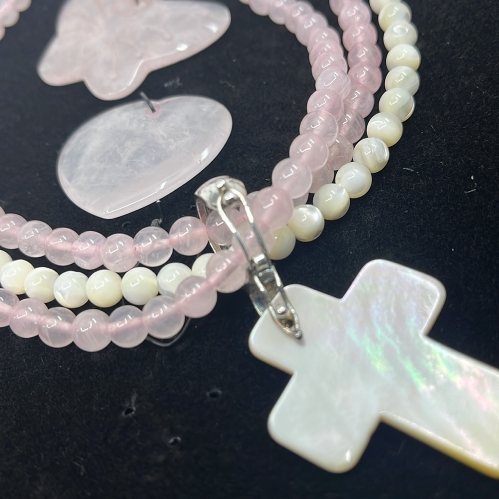 Vintage Rose Quartz Pearl Necklace Set - Mother-of-Pearl Cross Pendant - Picture 10 of 16